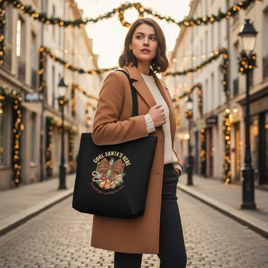 Plaid Bow Cool Santa Christmas Tote Bag: Party & Secret Santa Gift