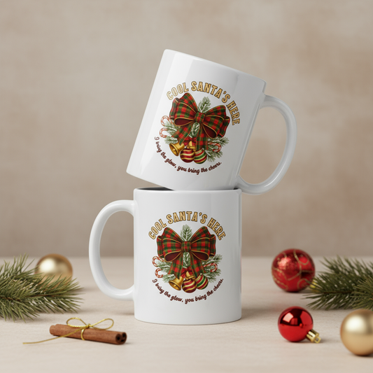 Cool Santa Christmas Mug | Tartan Bow & Bells, Party/Secret Santa