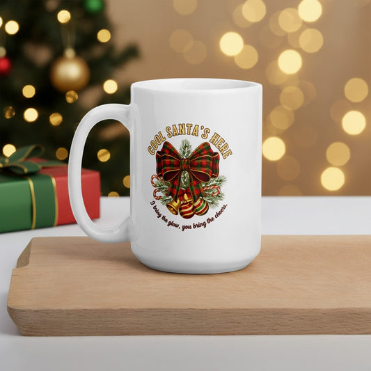 Cool Santa Christmas Mug | Tartan Bow & Bells, Party/Secret Santa