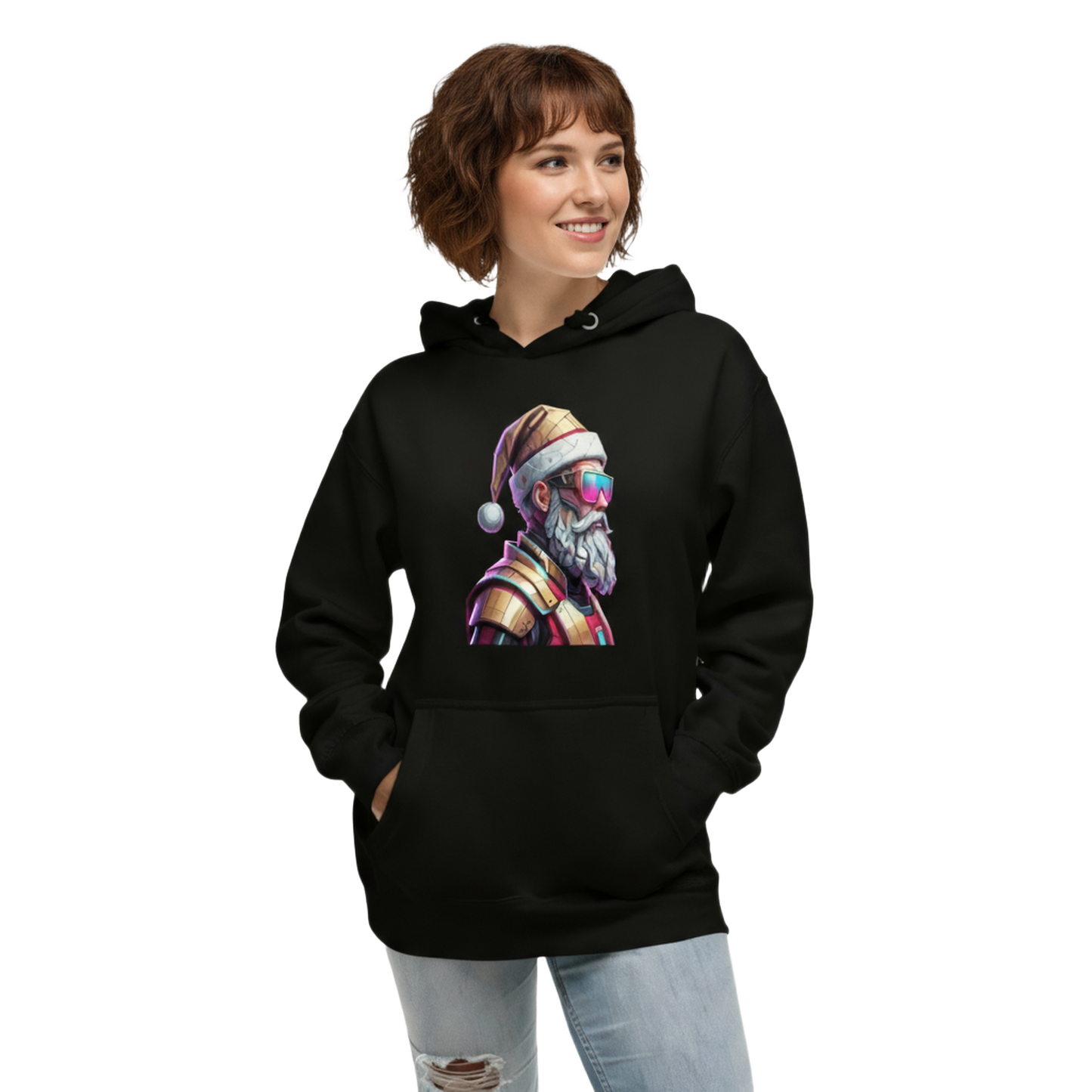 Cyberpunk Santa Christmas Hoodie – Unisex Graphic Pullover for Parties & Gifts