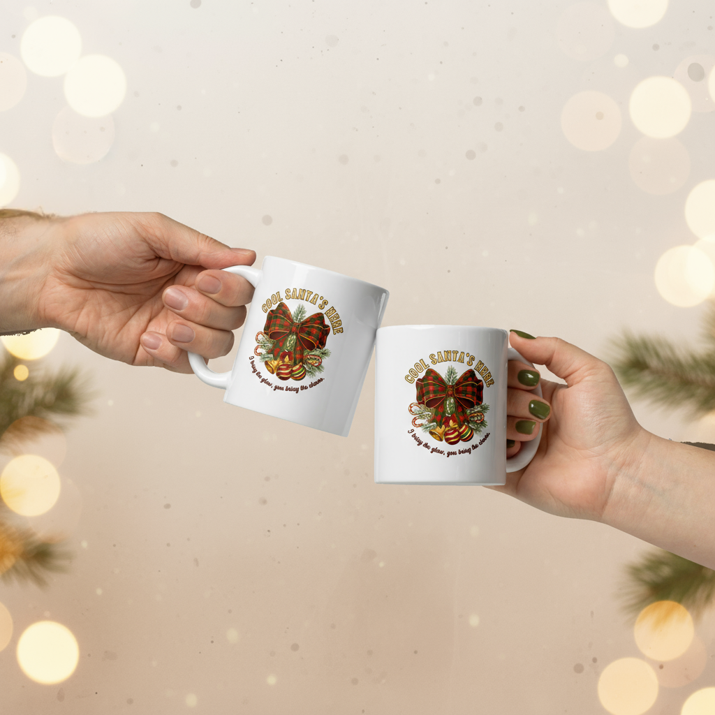 Cool Santa Christmas Mug | Tartan Bow & Bells, Party/Secret Santa