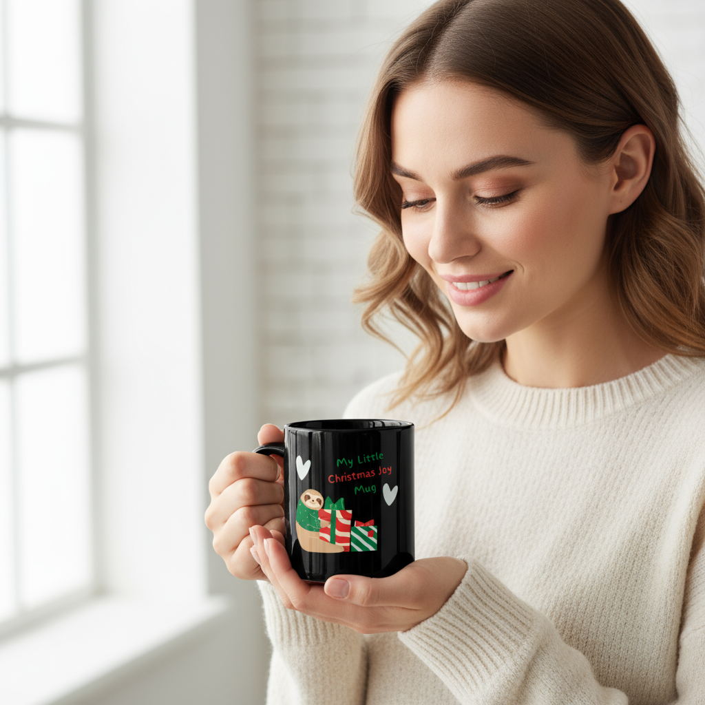 Sloth & Gifts Christmas Mug – Cute Black Holiday Coffee Cup