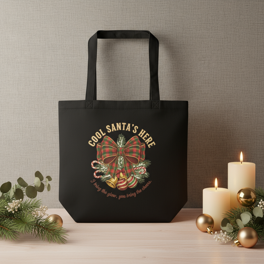 Plaid Bow Cool Santa Christmas Tote Bag: Party & Secret Santa Gift