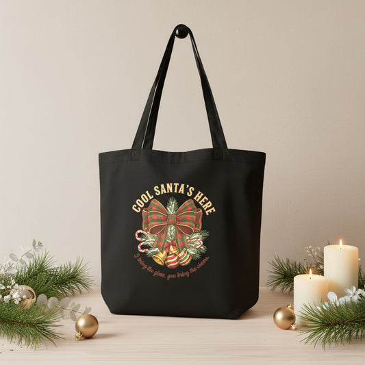 Plaid Bow Cool Santa Christmas Tote Bag: Party & Secret Santa Gift