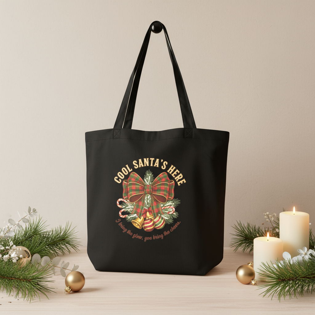 Plaid Bow Cool Santa Christmas Tote Bag: Party & Secret Santa Gift